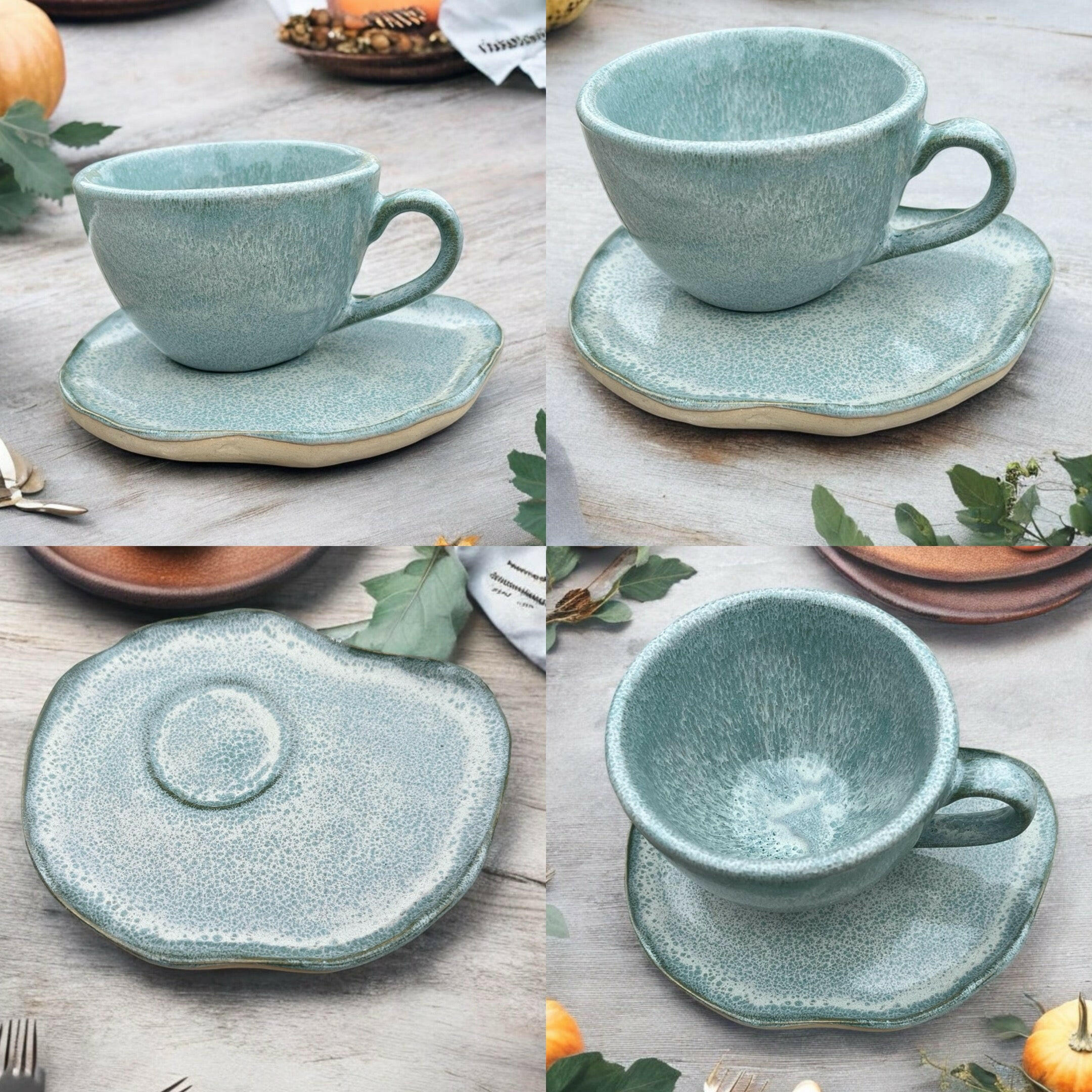 Handcrafted Turquoise Glazed Ceramic Cup & Saucer Set - Teacup Coffee Mug with Matching Plate, Rustic Stoneware, Oven/Dishwasher Safe, 6–8 oz - 200 ml, Artisan Kitchenware