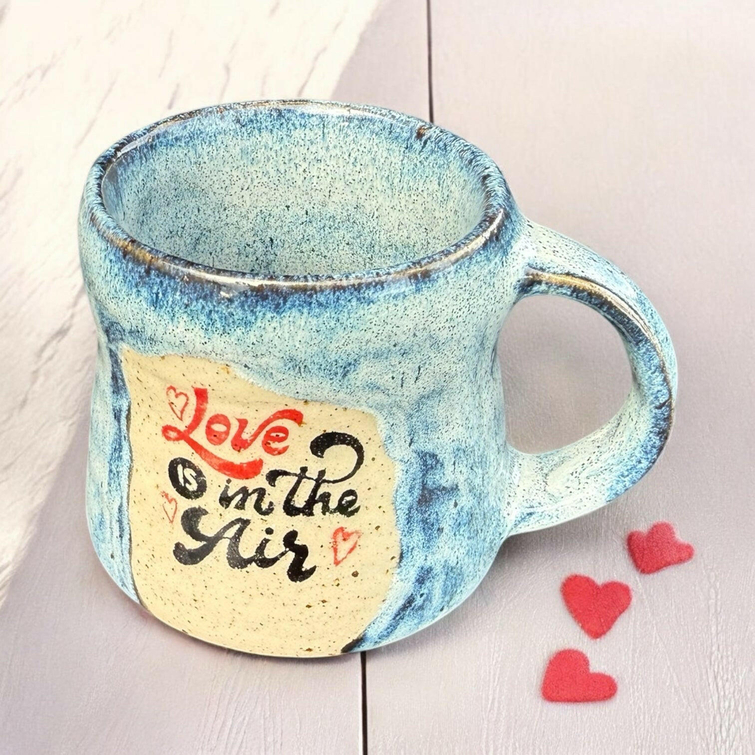 Handmade Ceramic Mug with Love in the Air Design - Sky Blue Glazed Stoneware Cup, Hand-Thrown Coffee Tea Mug, Dishwasher Safe, Kiln-Fired, Artisan Gift