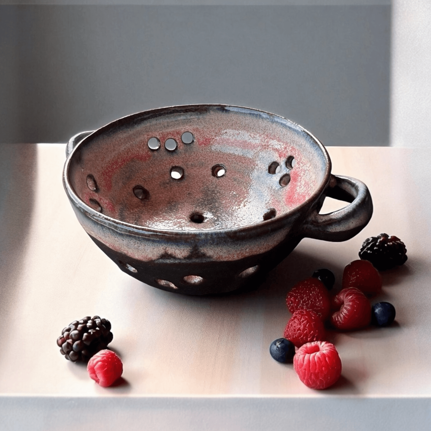 Handmade ceramic berry bowl with pink-white glaze on black clay, featuring fresh berries surrounding it.