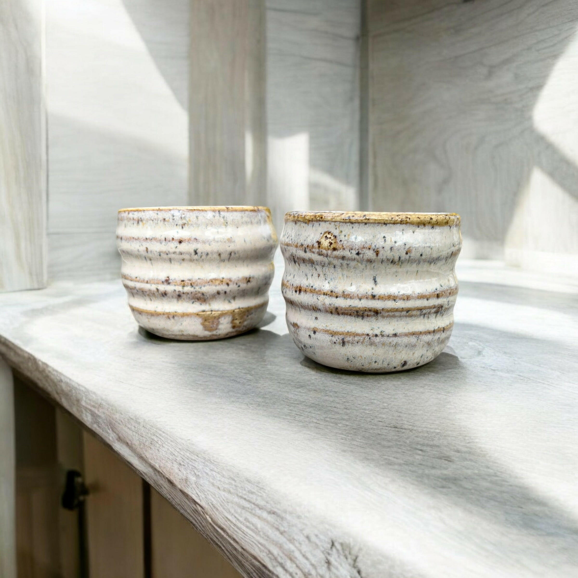 Handcrafted Stoneware Cups - White Glaze, Textured Rustic Mugs Duo, Kiln-Fired Tea Coffee Cups, 6 oz - 170 ml  Each, Durable Stoneware, Artisan Set