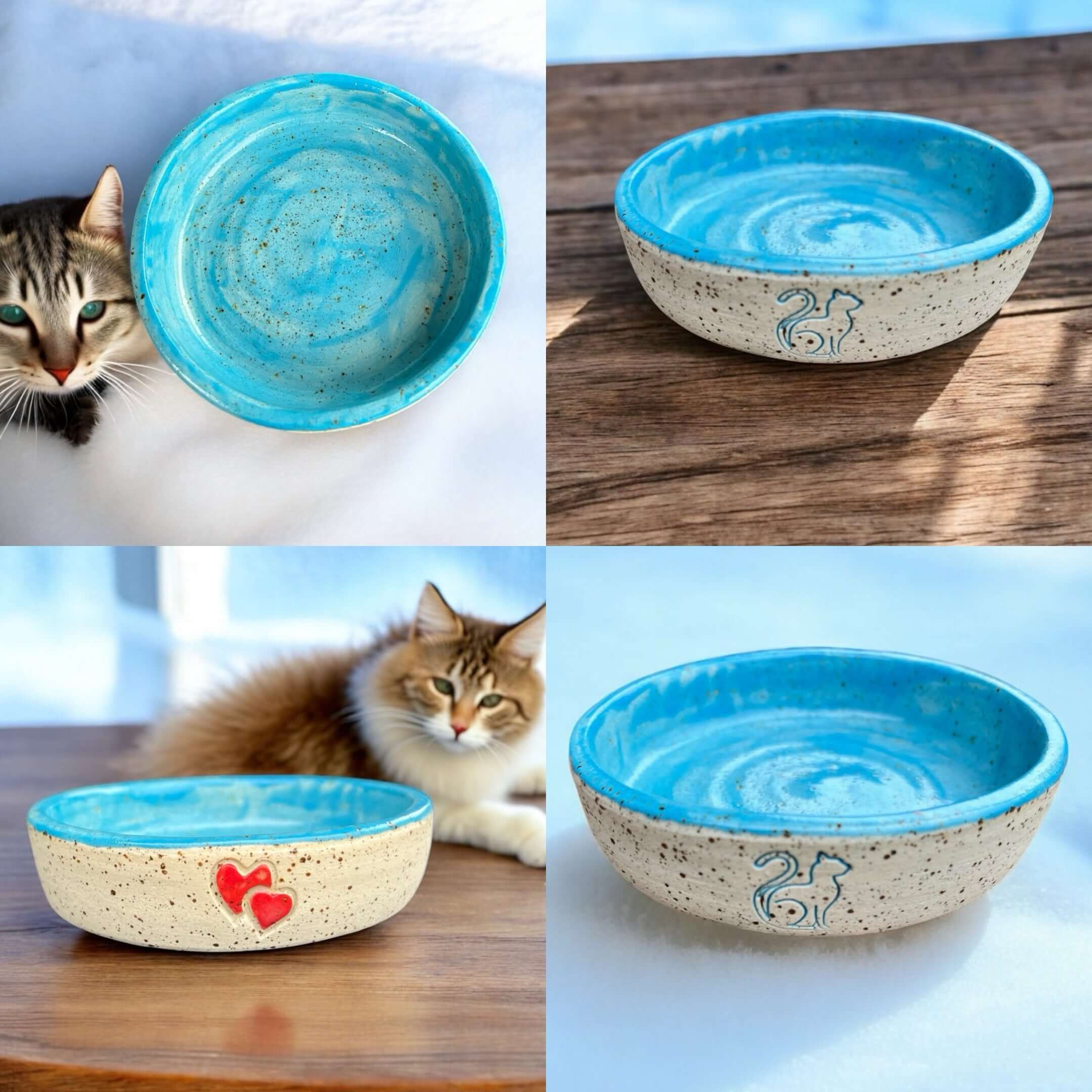 Handmade cat bowl with blue interior and speckled exterior, featuring red hearts and a cat design.