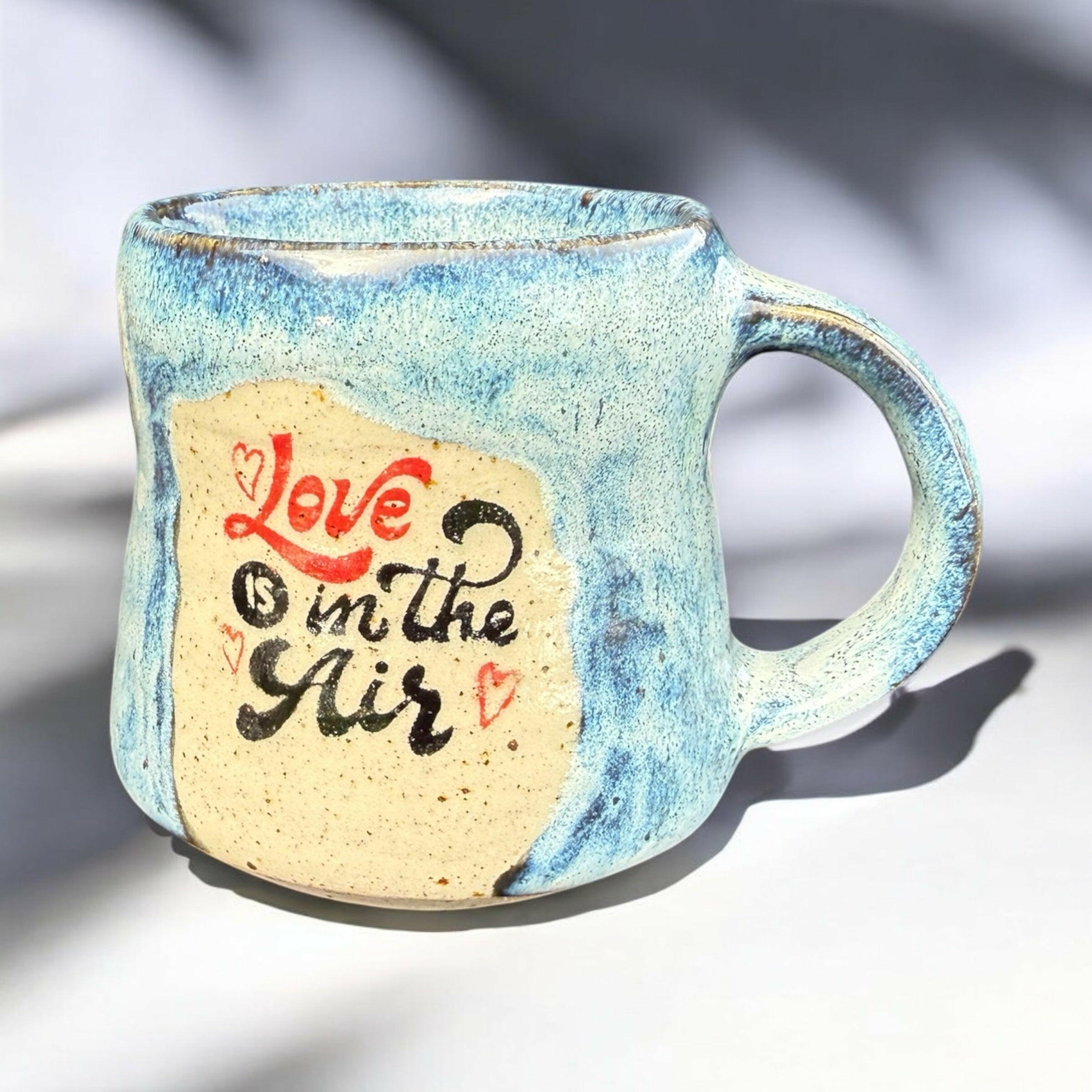 Handmade Ceramic Mug with Love in the Air Design - Sky Blue Glazed Stoneware Cup, Hand-Thrown Coffee Tea Mug, Dishwasher Safe, Kiln-Fired, Artisan Gift