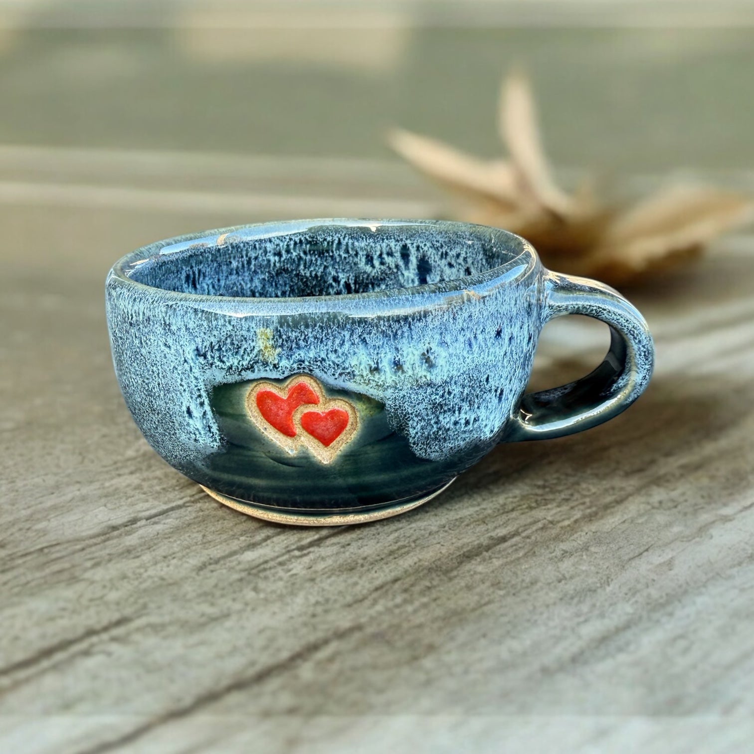 Blue Glazed Stoneware Mug with Hearts