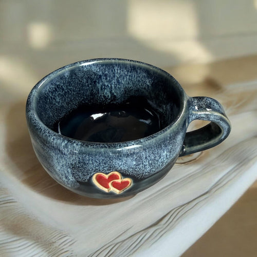 Blue Glazed Stoneware Mug with Hearts
